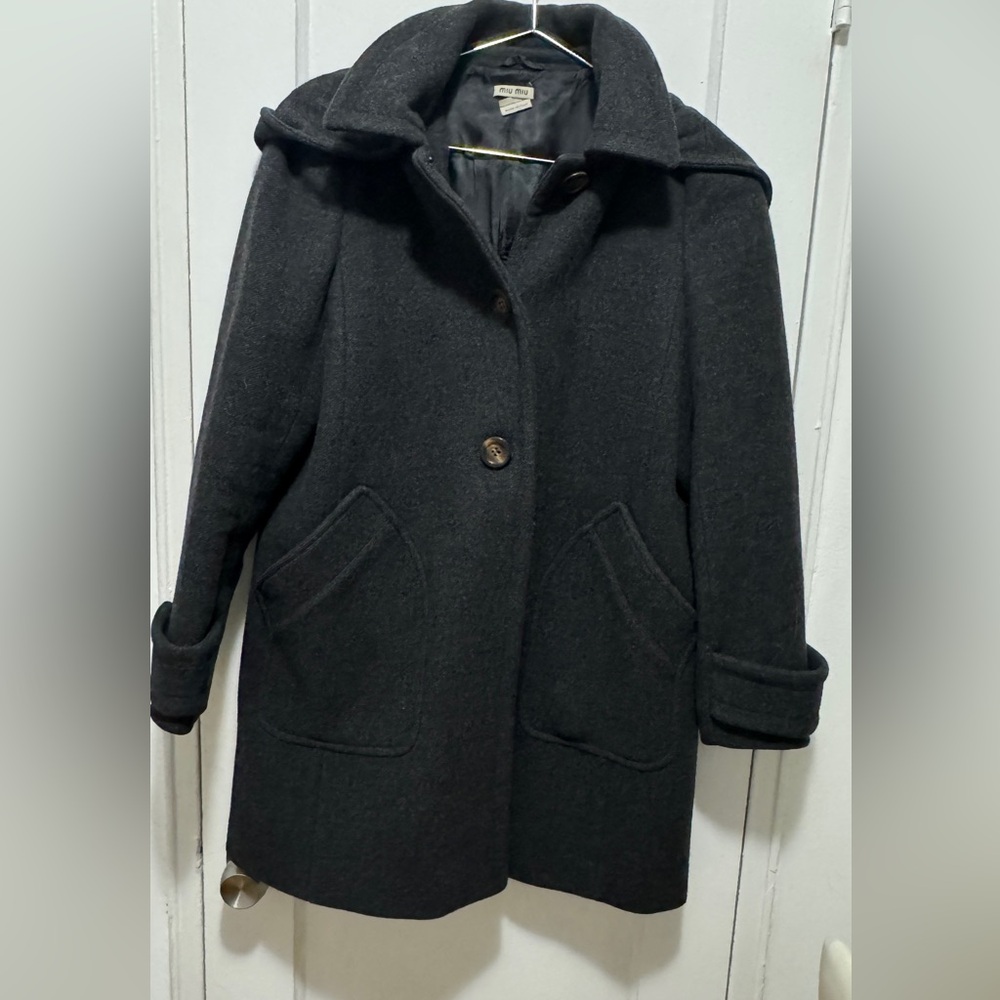 Miu Miu By Prada Wool Coat With Hood In Grey Size… - image 1